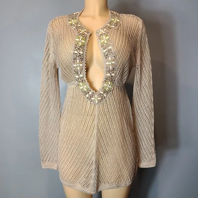 Victorias Secret Beaded Crochet Mesh Swim Cover Up Sweater Medium Resort 2010s - Image 1 of 4