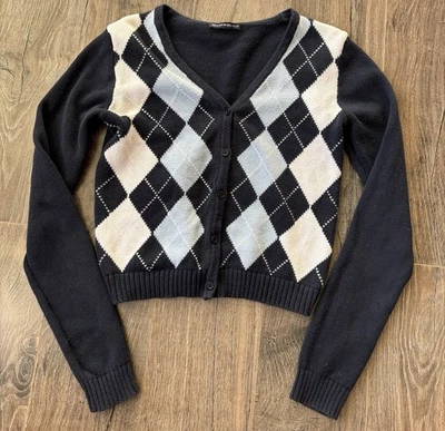 Brandy Melville Cardigan Sweater Women’s XS/S Navy Blue White Argyle Cropped Fit - Image 1 of 4
