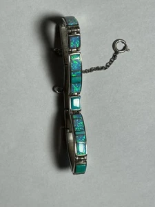 VINTAGE BECENTI OPAL & TURQUISE INLAY SIGNED / ENGRAVED TSF STERLING BRACELET - Picture 1 of 14