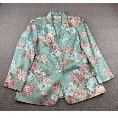 Alfred Dunner Women's 14 Floral Green Blazer Made In USA Pink Blue Roses - Image 1 of 4
