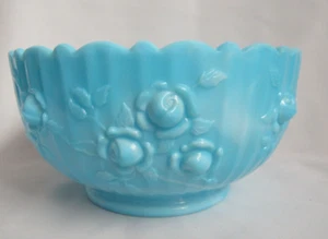 FENTON GLASS LARGE BLUE AND WHITE SWIRL MARBLE CABBAGE ROSE BOWL - Picture 1 of 6