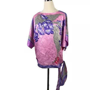 Vtg 90s Siasia Satin Floral Blouse Pink Purple Orchids Roses Side Tie Size Large - Picture 1 of 10