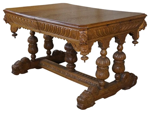 Antique Quartersawn Oak French Renaissance Revival Dining Table Library Desk Cover