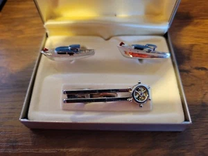 Vintage Boat Yacht Themed Men's Designer Silver Tie Clip And Cufflinks - Picture 1 of 4
