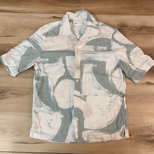 Zara Shirt Mens Small Green White Graphic Viscose Linen Blend Short Sleeve Camp - Picture 1 of 8