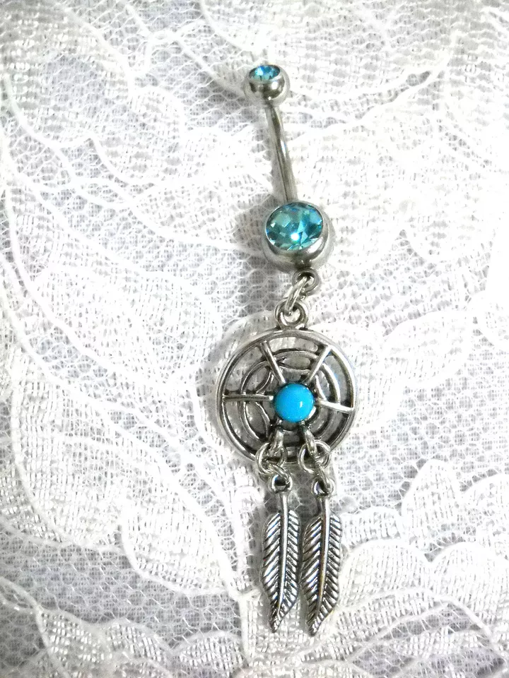 NEW SPIRIT DREAM CATCHER w TURQUOISE 2 FEATHERS w 14g BLUE CZ BELLY RING BARBELL - Image 1 of 1