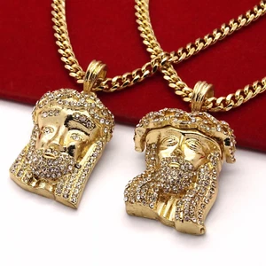 Collar Con Cara de Jesús Colgante Oro 14K chapado Set Cadena cubana de 30" y 24" - Picture 1 of 6