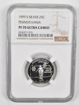 1999-S PF70 UCAM Silver Pennsylvania Quarter NGC Brown Label - Image 1 of 4