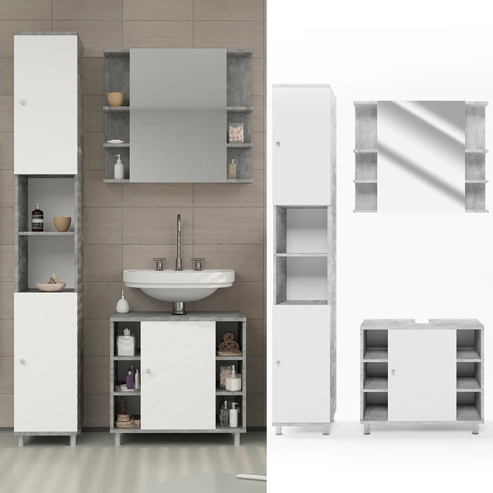 Bad Spiegel Waschtisch Unterschrank Hochschrank Badmöbel Set Fynn Beton Vicco - Bild 1 von 1