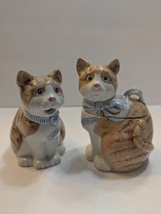 VTG Cargo Express Whimsical Blue Ribbon Kitty Cat Cream And Sugar Bowl Taiwan - Picture 1 of 13