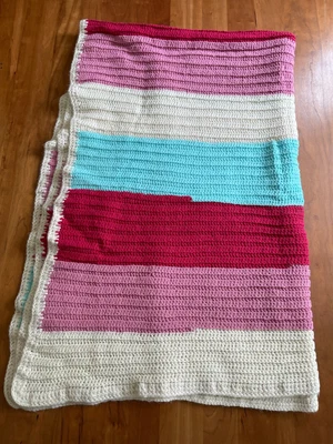 Handmade Crochet Afghan Throw Lilac Rasberry Blue White 71"x43" Twin Bed Size - Image 1 of 4
