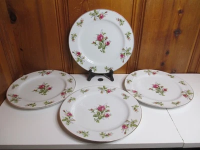Set of 4 Floral Park Pink Moss Rose 10 1/4" White Dinner Plates Gold Rim Japan - Image 1 of 4