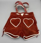 Vtg Red Suede Leather Lederhosen Oktoberfest German Shorts Youth Heart 20” Waist