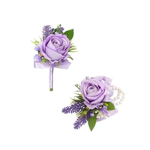Purple Corsage and Boutonniere Set for Wedding Prom Artificial Flower Wrist - Picture 1 of 6