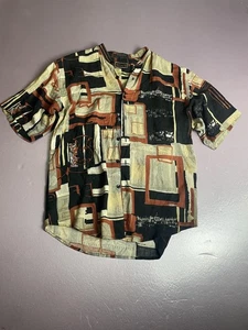 XSTATX Shirt Mens Large Black Tan Abstract Rayon Button Up Short Sleeve Camp - Picture 1 of 7