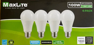 4 Maxlite Dimmable LED Daylight Light Bulb 15-Watt 100 Watt replacement 5000k - Image 1 of 2