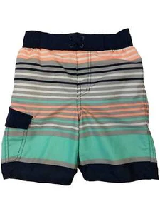 Boys Navy Gray Orange & Green Striped Swim Trunk Board Shorts XX-Small (4-5) - Picture 1 of 1