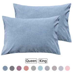 100% Washed Cotton Pillowcase Pillow Case Cover Cushion Cover 2Pcs King Queen - Picture 1 of 20
