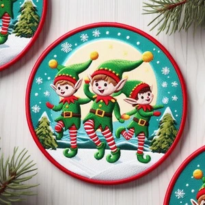 Dancing Elves Patch Printed Embroidered Iron-on Applique Santa's Helper Jolly - Picture 1 of 11
