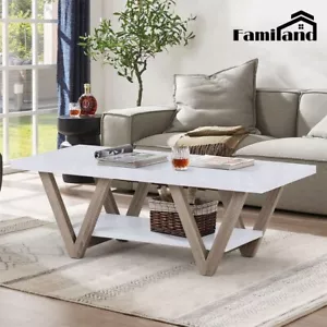 Familand 120cm Wooden Coffee Table 2 Tier Open Storage Shelf Laptop Desk White - Picture 1 of 10