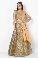 Stunning Golden Colored Women's Lehnga Sequins Embroidered Netted Lehenga Choli 