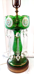 Vintage Antique Bohemian Green Glass Mantle Luster Lamp with Prisms *read* - Picture 1 of 18