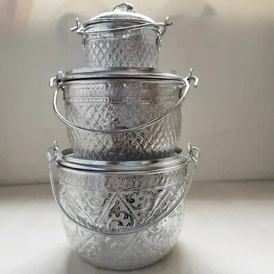 Pot Aluminum Ware Thai Handicraft Pattern 3Pcs Food Dessert Beauty Ancient - Image 1 of 4
