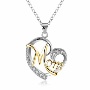Silver & Gold Mom Love Heart Charm Pendant Chain Necklace Great Gift Mothers Day - Picture 1 of 1
