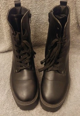 OLIVIA MILLER Black Boots-Faux Leather - Lace/Zip Up Combat Style Womens Size 10 - Image 1 of 4