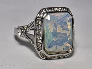 CZ Halo Silver-Tone Opalite Cushion Cocktail Statement Ring Sz 9 - Picture 1 of 5