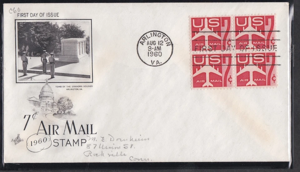 USA 1960 ARTCRAFT FIRST DAY COVER 7c RED AIRMAIL IN BLOCK OF 4 + CACHET - Image 1 of 1