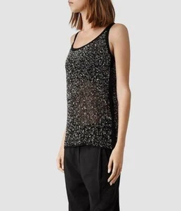 Chaleco/top All Saints Stipple adornado negro/plateado/metal £148 talla 10 nuevo con etiquetas - Imagen 1 de 7
