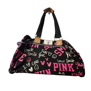 Pink Victoria's Secret Rolling Travel Bag Suitcase Pink & Black Rare - Picture 1 of 11