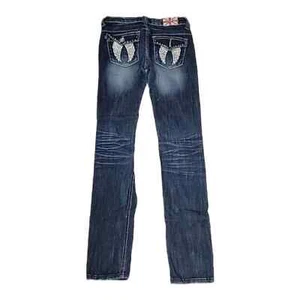 Machine Jeans Juniors 1 Blue Angel Wings Destroyed Skinny Leg Western Bling Y2K - Picture 1 of 12