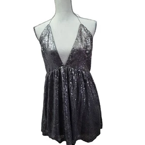 NWT Tobi Silver Sequin Halter Mini Dress Medium - Picture 1 of 6