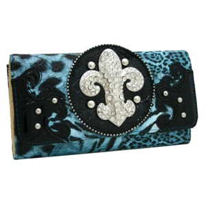 western Bling Rhinestone Fleur De Lis Tri-Fold Wallet - Picture 1 of 14