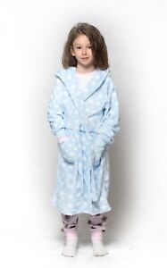 Girls Size 3-8 Blue Heart Bunny Coral Fleece Dressing Gown Robe Hooded
