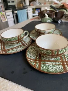 Blue Ridge Southern Pottery Green With Brown Stripes. 3 Cups And Saucers - Picture 1 of 5
