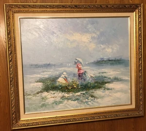 Vintage gerahmt signiert Öl auf Leinwand - Dame mit Sonnenschirm am Meer - Bild 1 von 9