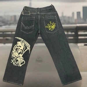 Street Jeans Bottoms Pants XL Skull Retro High Waist Blue Denim Wide Leg - Picture 1 of 15