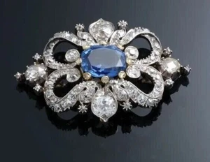 Cushion Cut Simulated Blue Sapphire Art Deco Brooch Pin In 14k White Gold Plated - Picture 1 of 4
