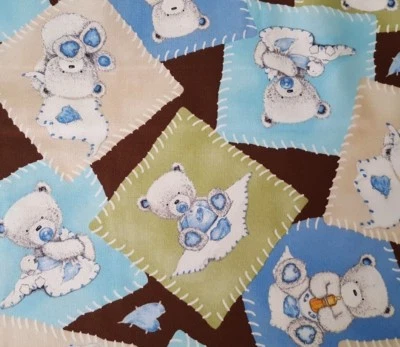 27" Baby Bear Hugs Quilting Treasures Popcorn the Bear Blue Brown Block Toss - Image 1 of 3