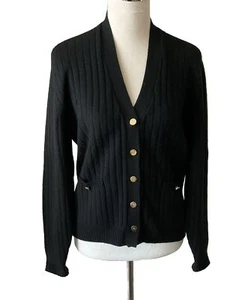 VTG BURBERRYS 100% Cashmere Black Ribbed Cardigan Gold Logo Buttons Pockets Sz L - Picture 1 of 5