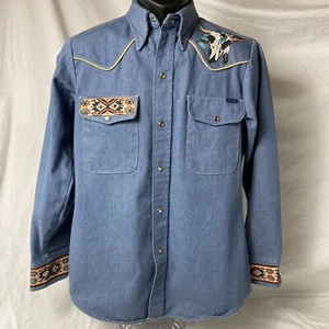 VTG Denim Studded Native South Western Pearl Snap Buffalo Skull Embroidery M - Picture 1 of 11
