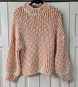 POL FUNNEL NECK WHITE AND ORANGE  STRIPED WOMEN'S SWEATER S NWT - Picture 1 of 4