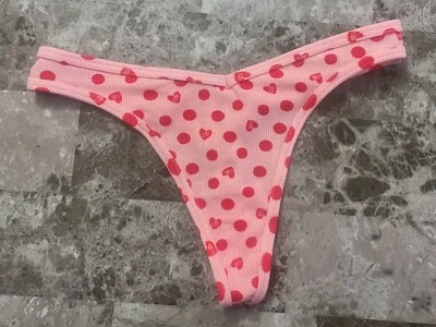 NWT VICTORIA'S SECRET PINK RED POLKA DOT HEART RIB RIBBED KNIT THONG PANTIES - Image 1 of 3
