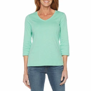 St. John's Bay Misses Size S (4-6) V-Neck 3/4 Sleeve T-Shirt- Neptune Green - Picture 1 of 6