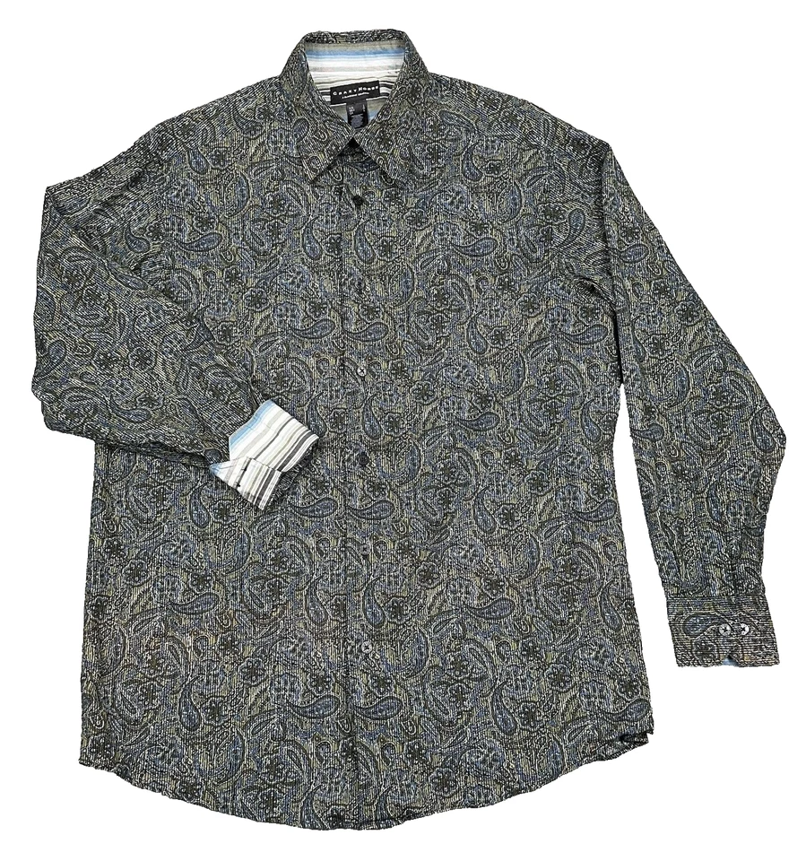 Crazy Horse Shirt Mens Large Blue Green Paisley Button Flip Cuff Casual Western - Image 1 of 4
