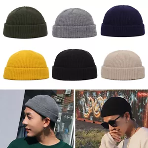Men Mini Short Fisherman Beanie Hat Winter Warm Knitted Ribbed Docker Skull Cap - Picture 1 of 17