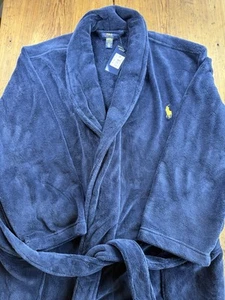 NWT Polo Ralph Lauren NAVY BLUE Cotton Velour 50" Long Robe Men's L/XL Yellow Po - Picture 1 of 10